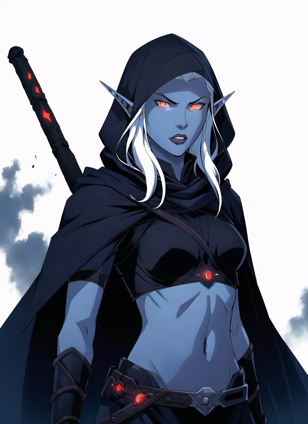 11072188-1650465301-drow, female, pointy ears, solo, elf, navel, hood, colored skin, midriff, looking at viewer, long hair, cloak, dark elf, breasts.png